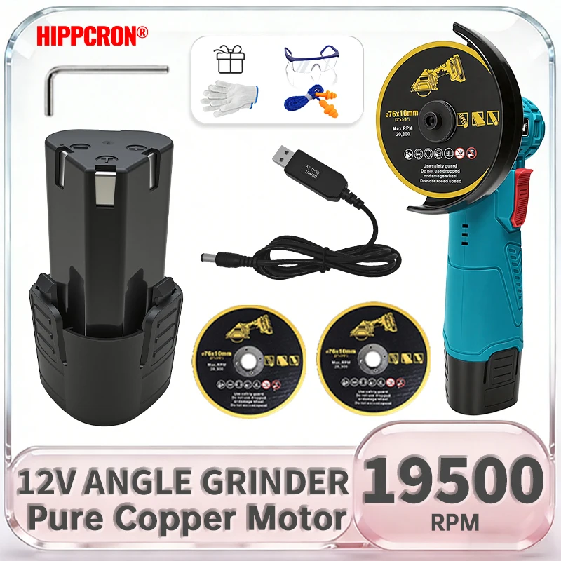 Hippcron 19500 RPM Electric Portable Angle Grinder Cordless Polishing Mini Cutting Blade Grinder Lithium Battery Power Tools DIY