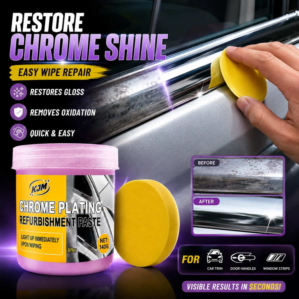 KJM Chrome Polish 140G Metal Trim Restorer Rust Remover For Car Wheels Door Handles Bumpers Mirrors And Household Fixtures