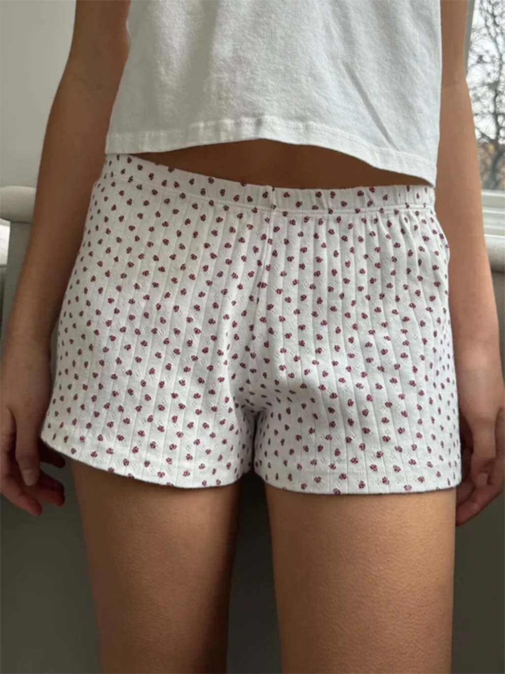 

Red Floral Eyelet Shorts Summer Elastic High Waist Straight Sweet Cute Short Pant Soft Cotton Home Y2k Underwear Woman Pants