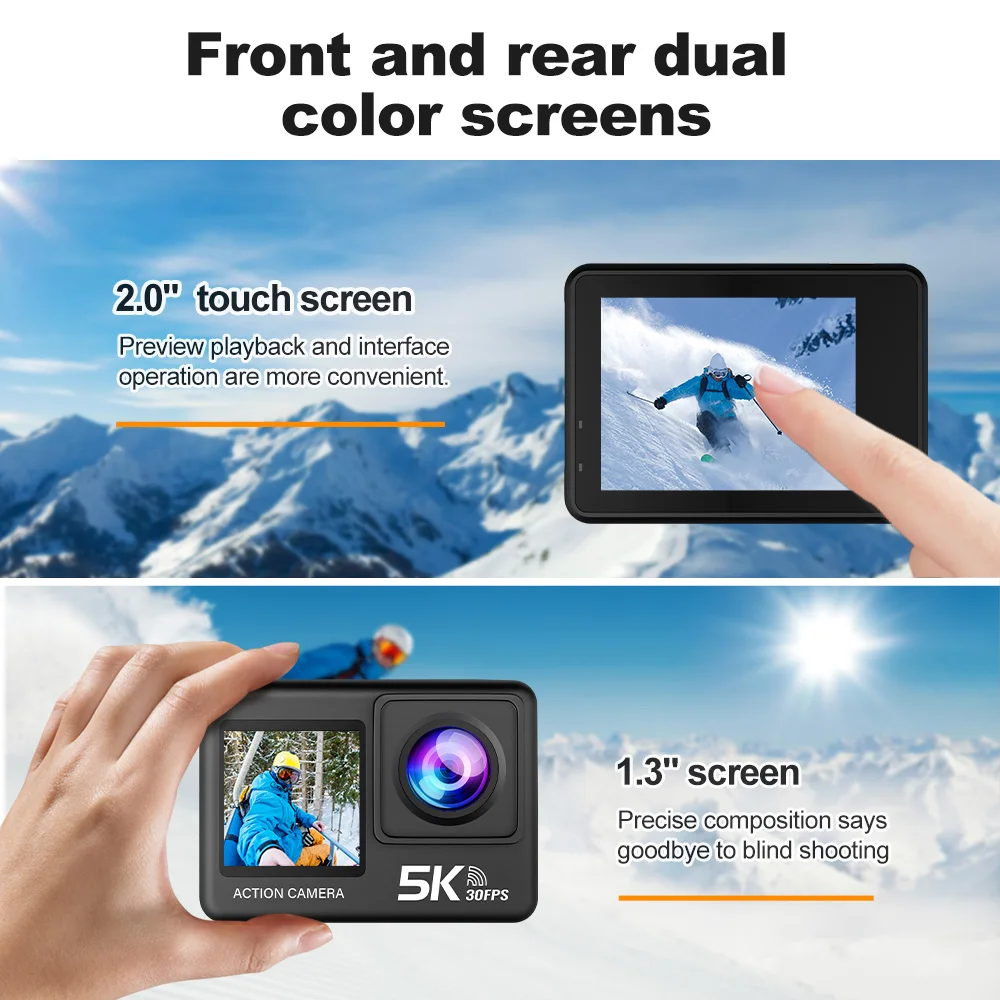 5K 30FPS Action Camera 4K 60FPS 2.0 Inch Touch Screen WiFi Wide Angle 30M Waterproof Helmet Video Recording Sports Webcam