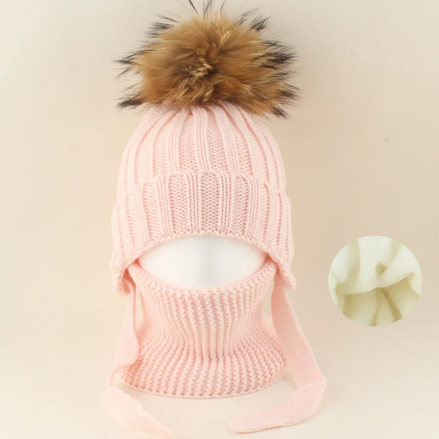 جديد الطبيعية الراكون Pompom قبعة الرقبة مجموعة للأطفال الشتاء سميكة الصوف الدافئة بيني بيبي بوي فتاة بونيه متماسكة قبعة في الهواء الطلق 1-6 Y #3
