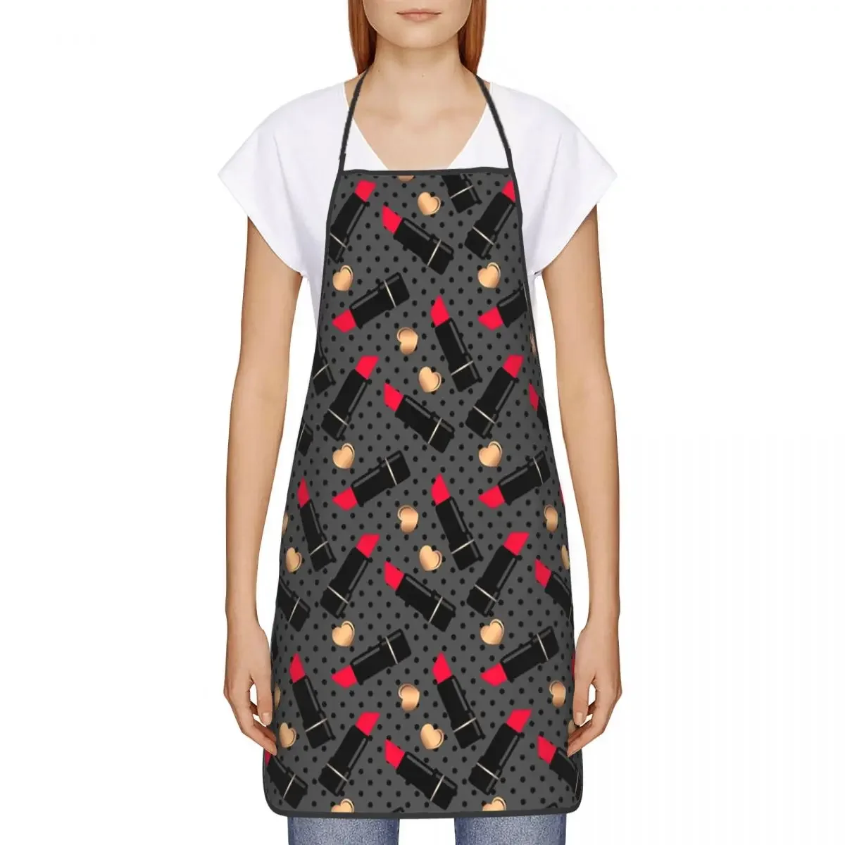 Unisex Polka Dot Lipstick Pattern Bib Apron Adult Women Men Chef Tablier Cuisine for Kitchen Cooking Makeup Artist Painting