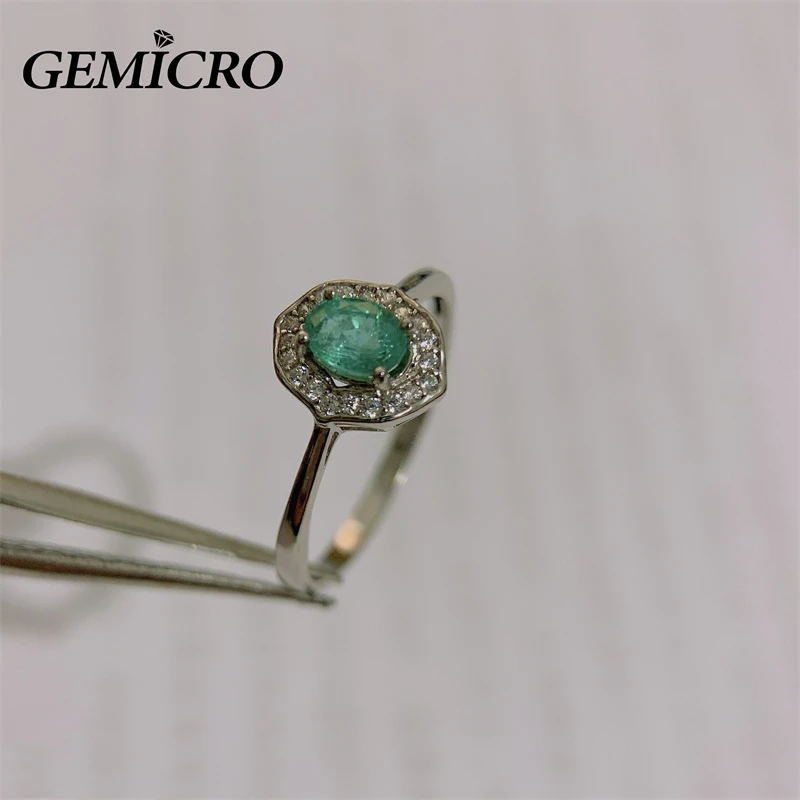Gemicro 925 Sterling Silver Jewelry with 4*5mm Natural Emerald Stone for Women Ring as Party Wear Gifts Engagement Birthstone
