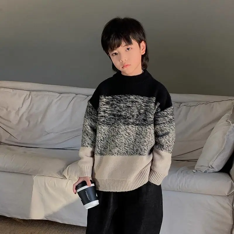 Retro Color Block Boys Sweater Autumn Winter Thick Pullover Knit Top Kids Casual Warm Bottoming Layer