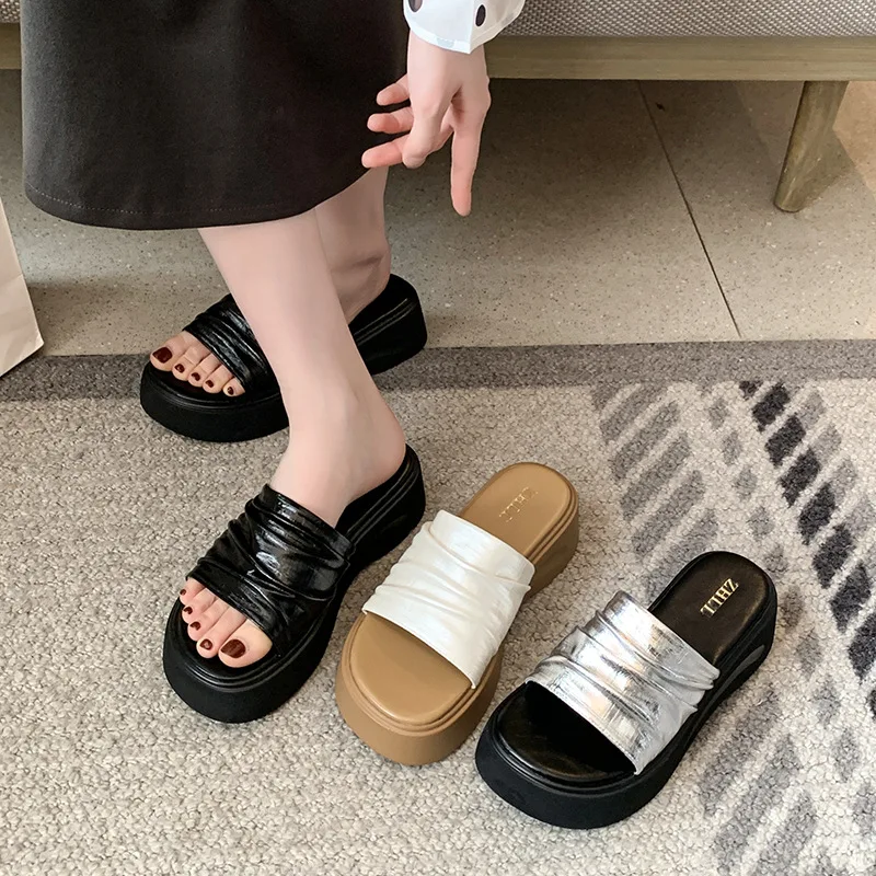 

Multi-Color Ruched Platform Slide Sandals For Women With Open Toe And Thick Sole Comfortable Casual Summer Outdoor And Daily
