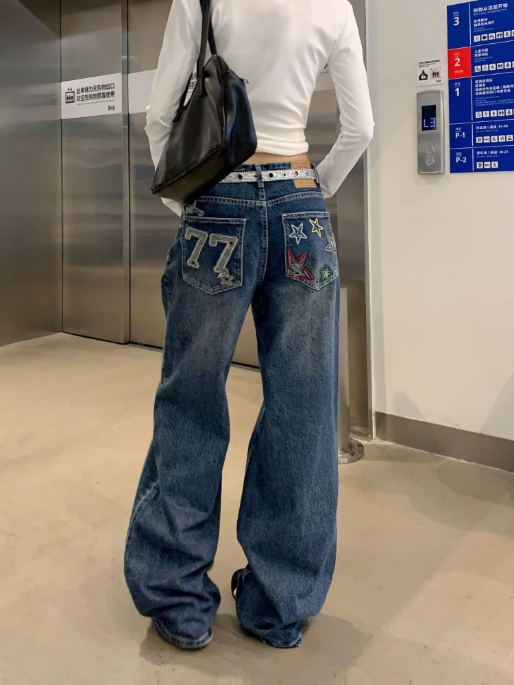 

Deeptown Y2k Graphic Embroidery Women Jeans Harajuku Vintage Wide Leg High Waisted American Style Denim Pants Baggy Hip Hop