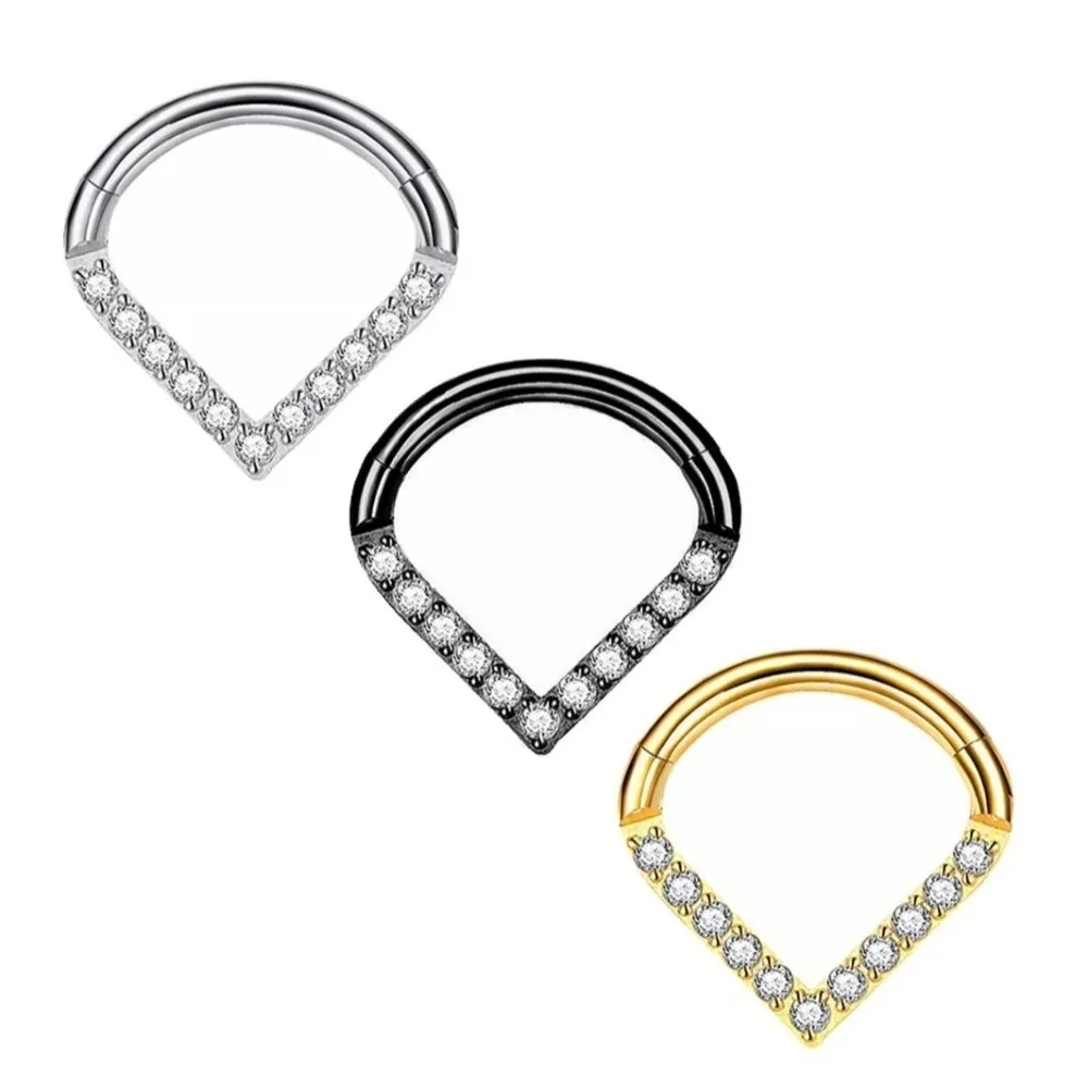 Surgical Steel Septum Nose Clicker Hinged Segment Ring Rhinestone Nose Ring Black Teardrop Shape Body Piercing Jewelry Men
