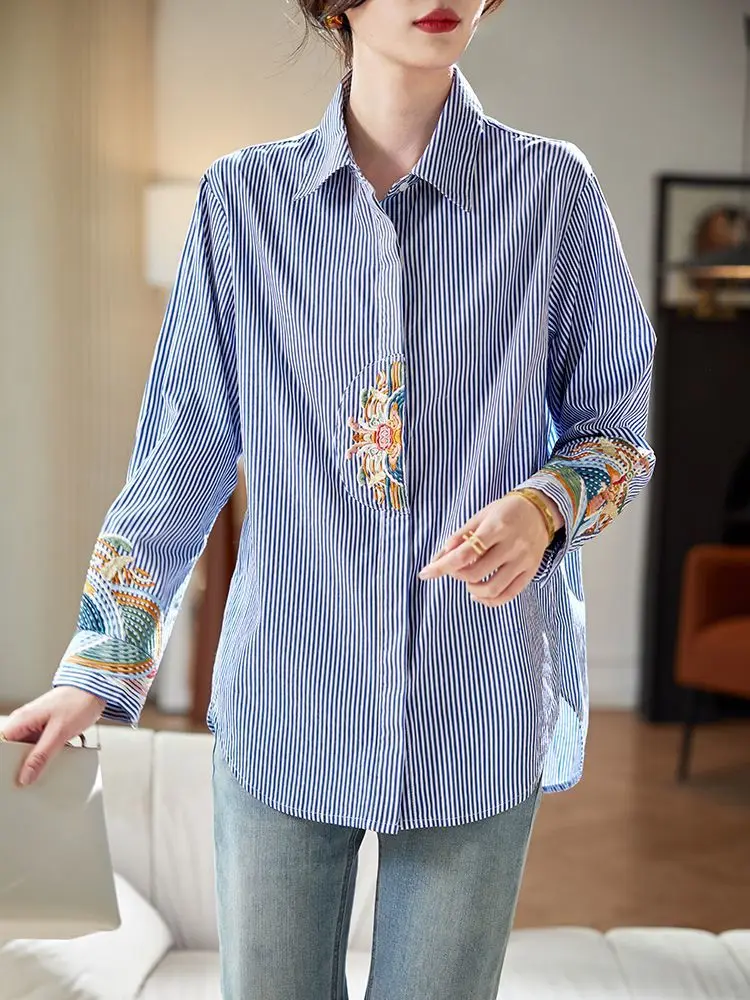 National Style Embroidered Striped Long-sleeved Shirt 2025 Spring and Autumn All-match Professional Shirts Versatile for Women
