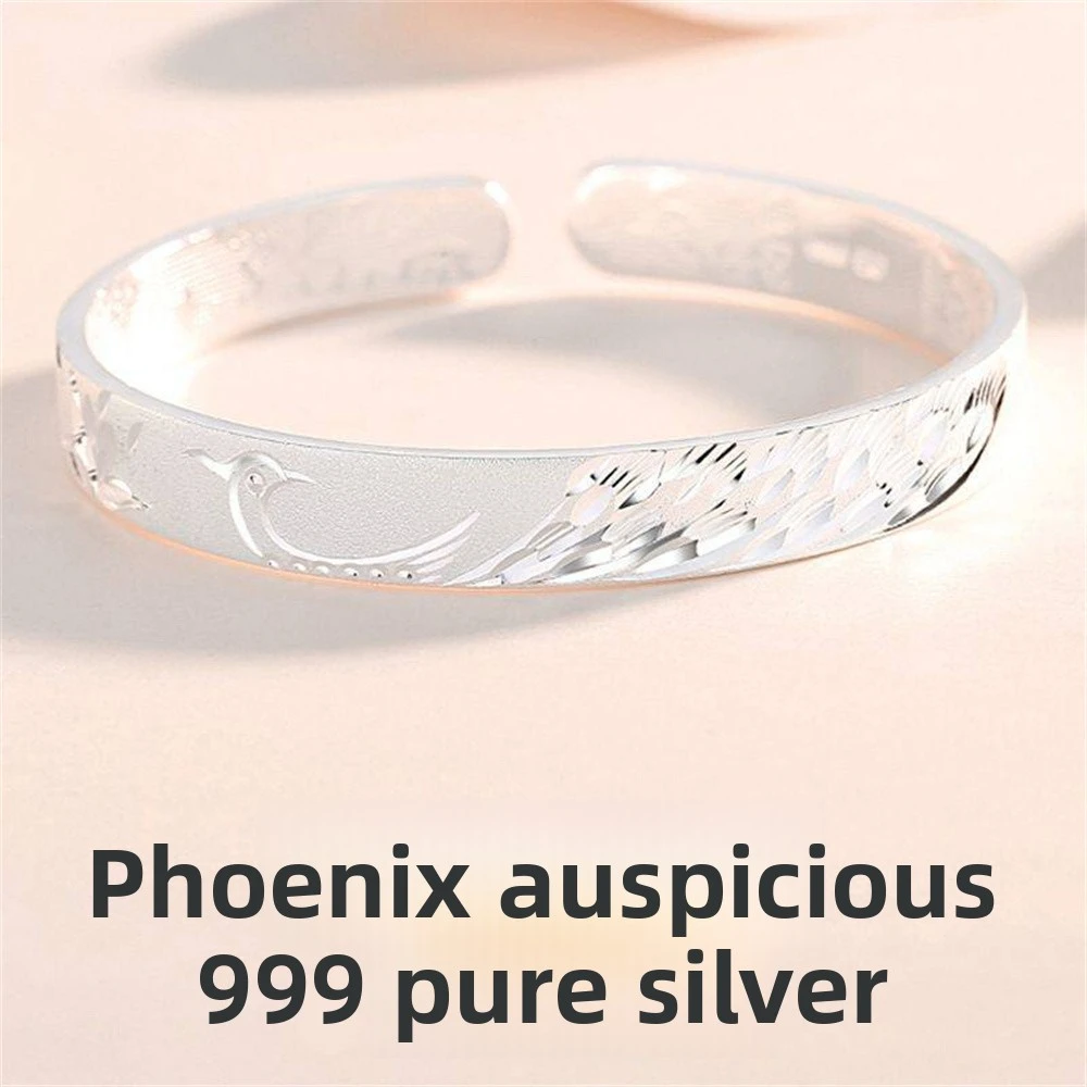 S999 Pure Silver Open Women's Bracelet with Phoenix Relief Design - Free Custom Carving, Chinese Auspicious Floral Jewelry Gift