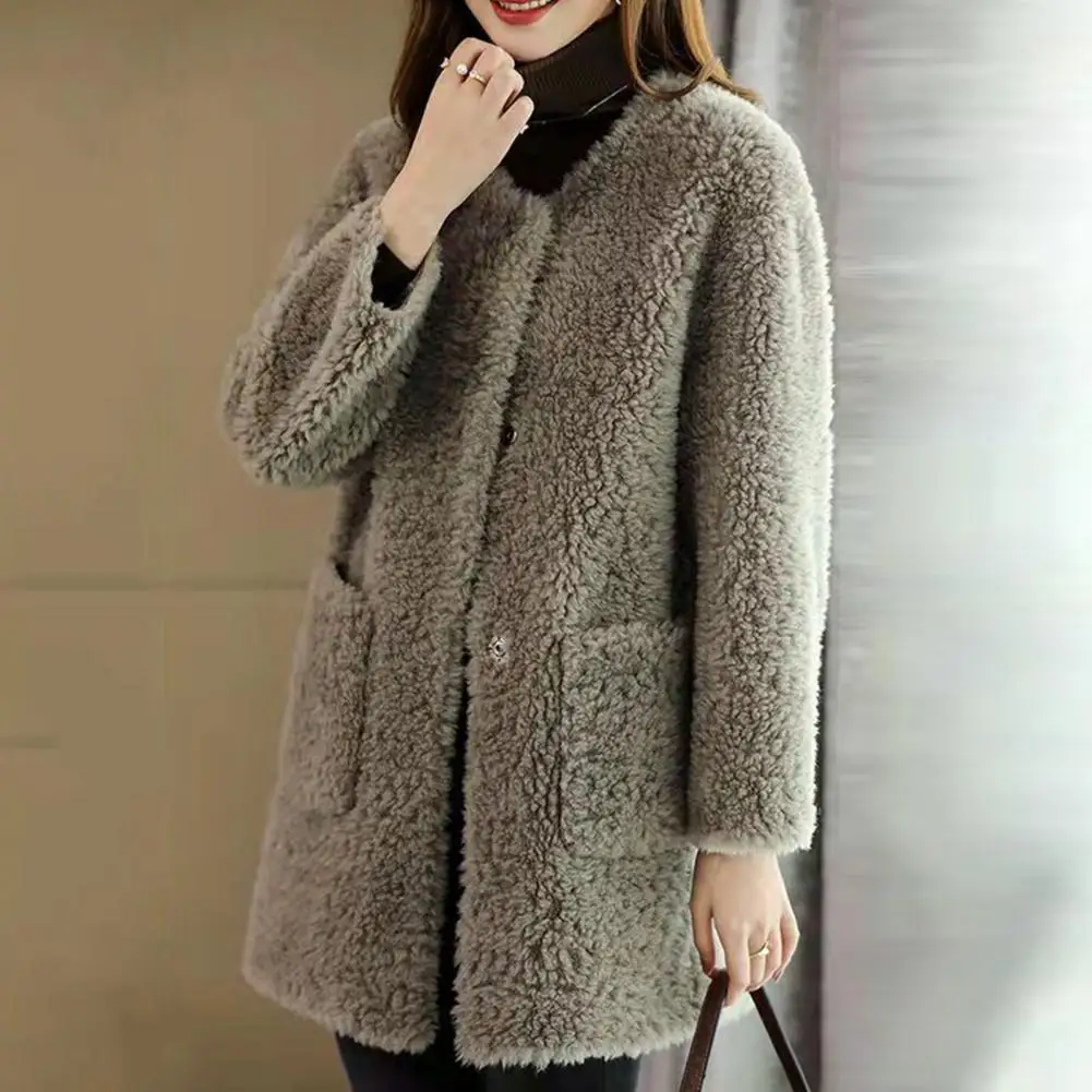 Round Neck Women Coat Cozy Women's Winter Coat Double-sided Plush Thermal Cardigan with Windproof Design Long Sleeve Pockets