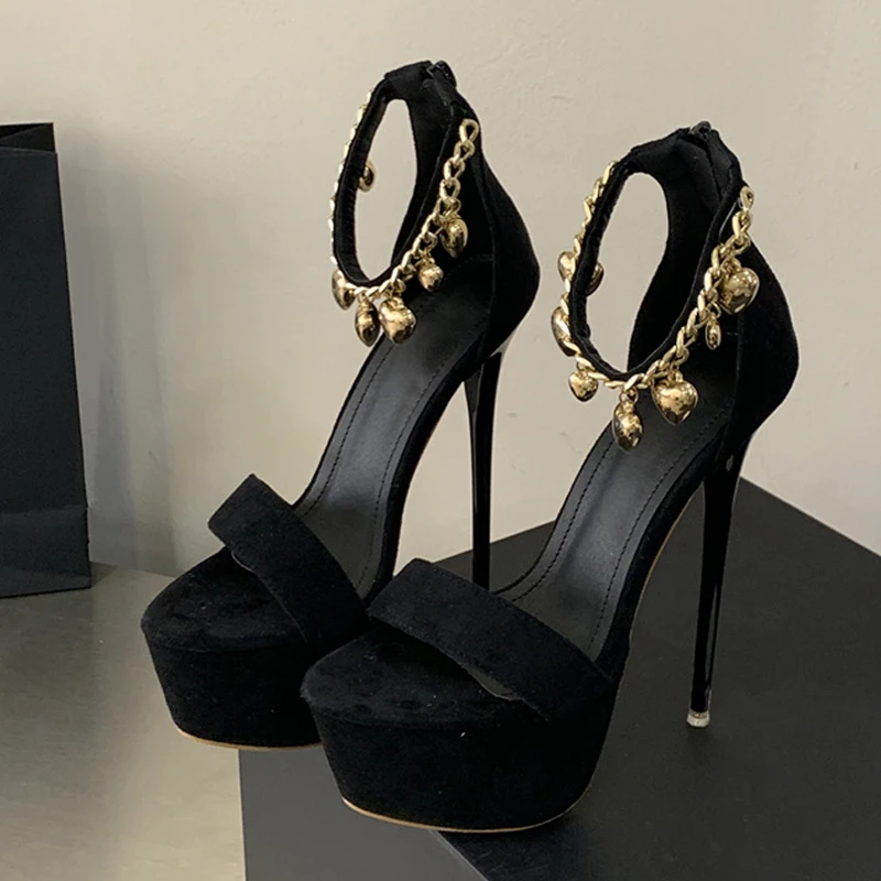 Liyke Fashion Design Bell Chain Ankle Zip Cover Strap Women Sexy 16CM Sandal Platform High Heels Party Club Stripper Shoes Black view 3