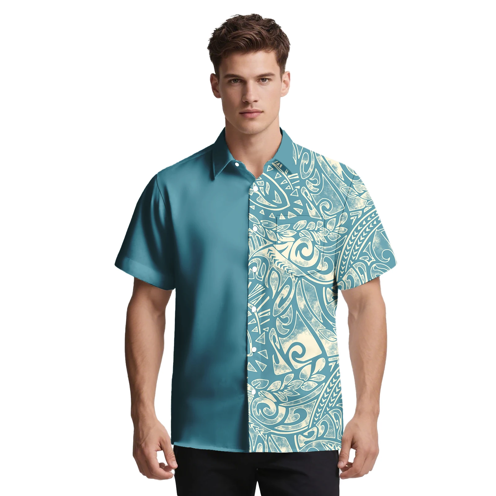 أحدث تصميم لعام 2026، صورة مخصصة، ملابس رجالية غير رسمية، نمط قبلي ساموا، جيب للرجال، قميص هاواي ألوها، قميص بولينيزي للرجال #1