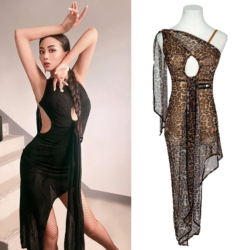 New Latin Dance Dress Women Girls Irregular Black Leopard Dress Rumba Dance Practice Clothing Latin Performance Costume DNV18662