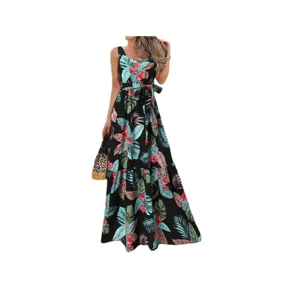 Damska sukienka Plus Size 1XL-5XL Summer Square Neck Sleeveless Belt Casual Dress Elegant Flower Print Fashion Loose Long Dress