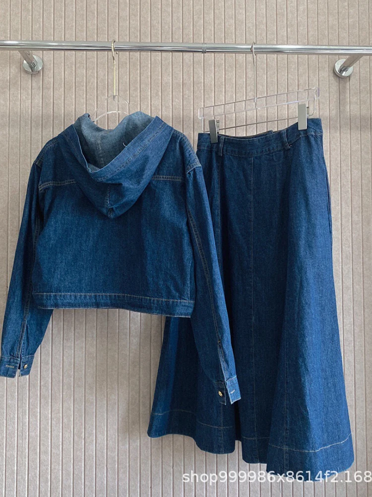 [ZOCI] Trendy New Hooded Short Denim Jacket+high Waisted Skirt