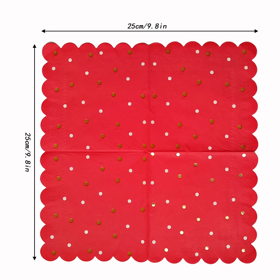 20Pcs Red Gold Polka Dot Paper Napkins Scalloped Edge Disposable Tissue Wedding Christmas Birthday Party Table Decor Supplies