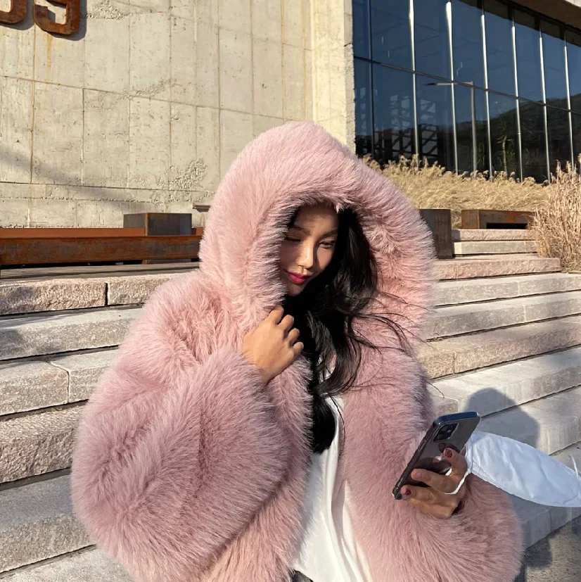 

Imitation Fur Coat Women's Clothing Short Hooded Loose Mesh Fox Fur Plush Lazy Thick Warm Fur Jackets Solid Long Sleve Tops 1Pc