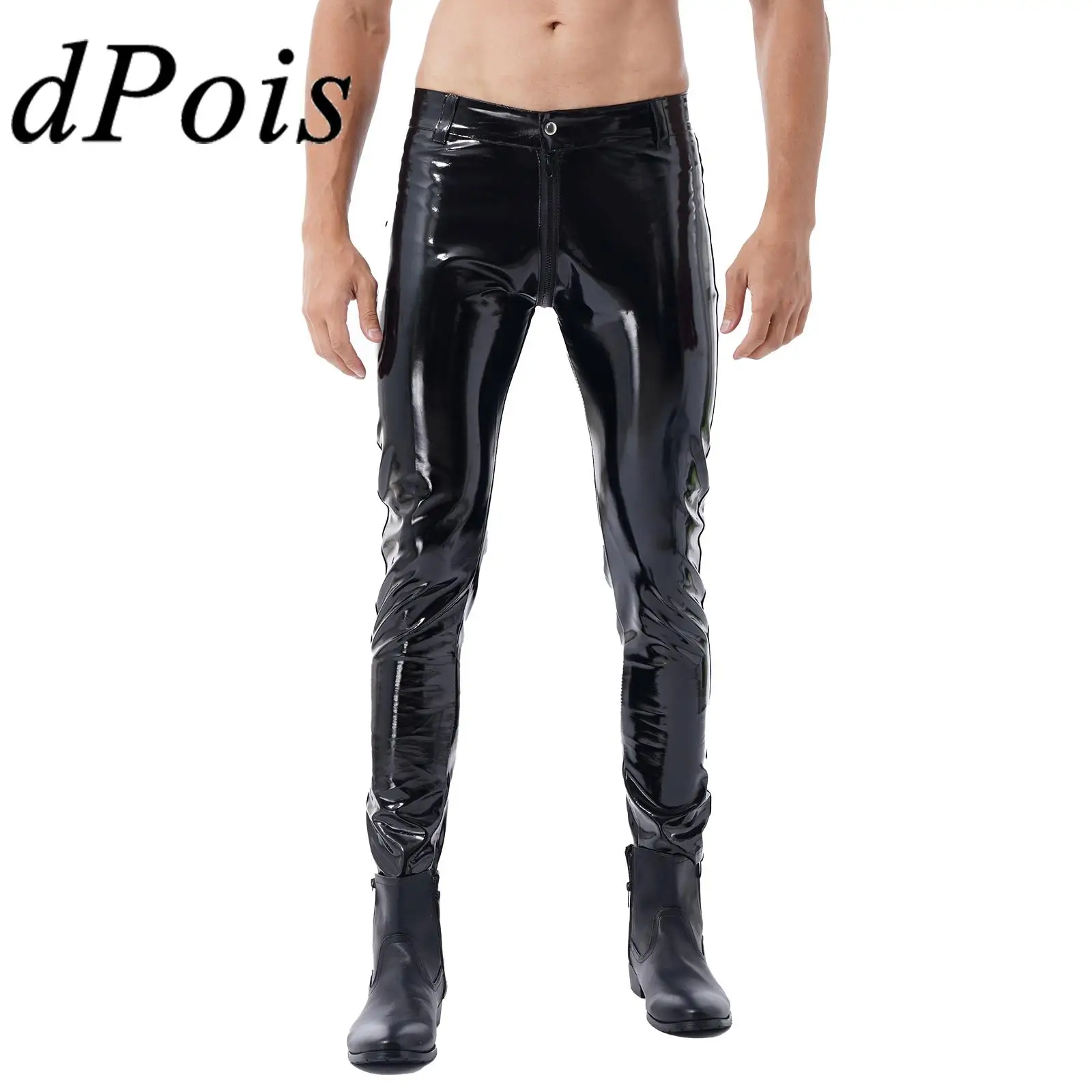 

Men Patent Leather Zipper Crotchless Pants Shiny Trousers Hommes Wetlook Pants Nightclub Clubwear Stage Performance Costumes