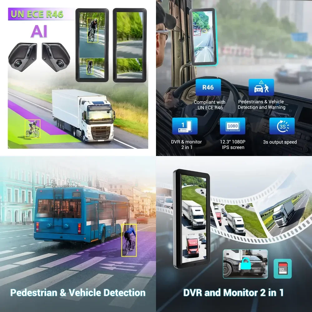 

STONKAM OEM R46 12.3 Inch Bus E Mirror Rearview Mirror 1080P IPD Screen Blind Spot Detection for Truck Bus