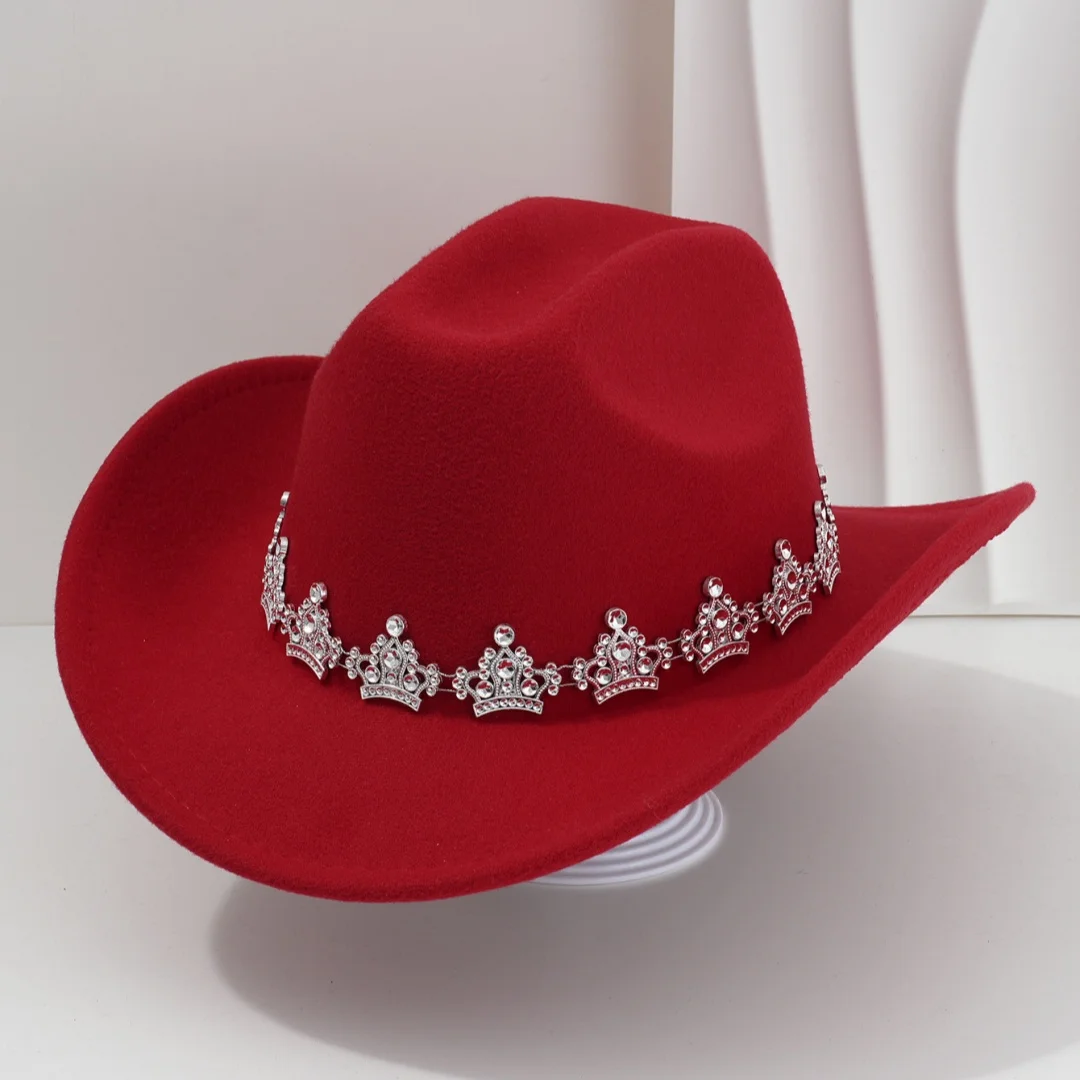 HongLuan Chapéus de topo de feltro preto/branco de luxo, chapéu de cowboy elegante mulher de strass, acessórios de cowboy, boné de festa para homem original