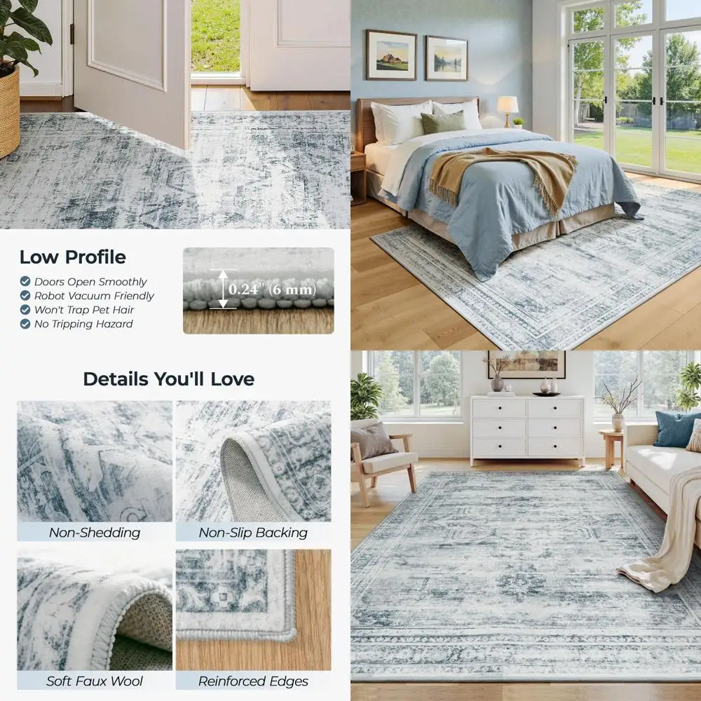 

7WashableAreaRugs, SoftFauxWoolCarpets, NeutralDistressedNonSlipStainResistantGreyWhiteRugsforHomeDecor