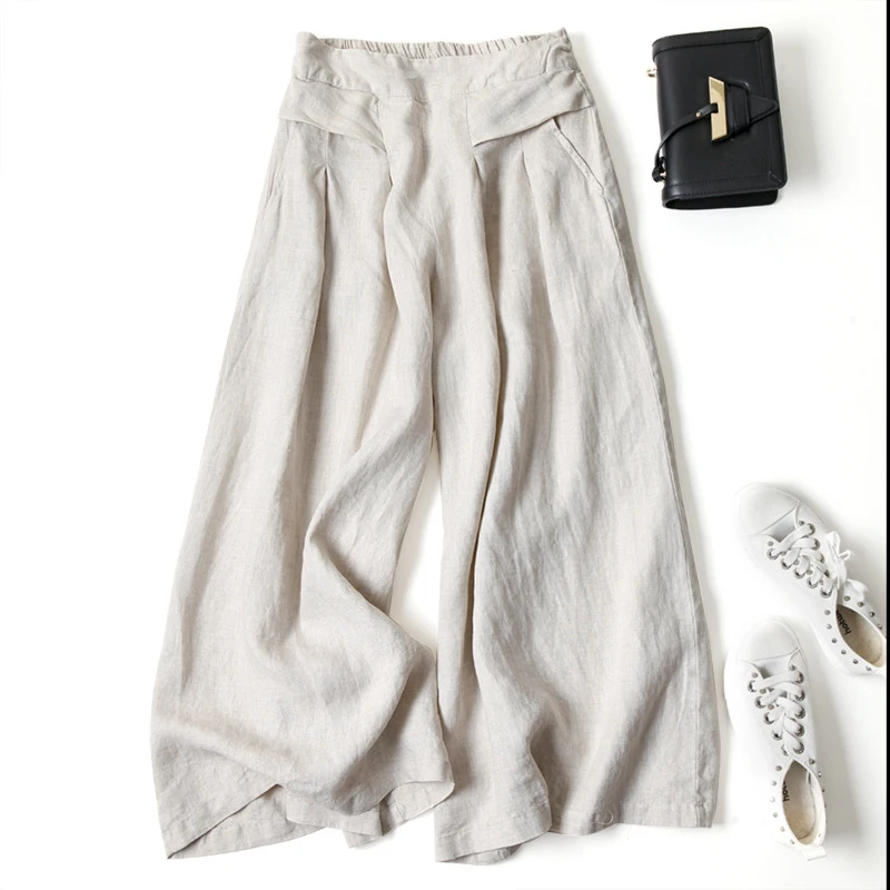 High-waisted Cotton-linen Wide-leg Pants for Women, Loose Semi-elastic Pants That Flatter the Figure and Are a Mid-length Pair