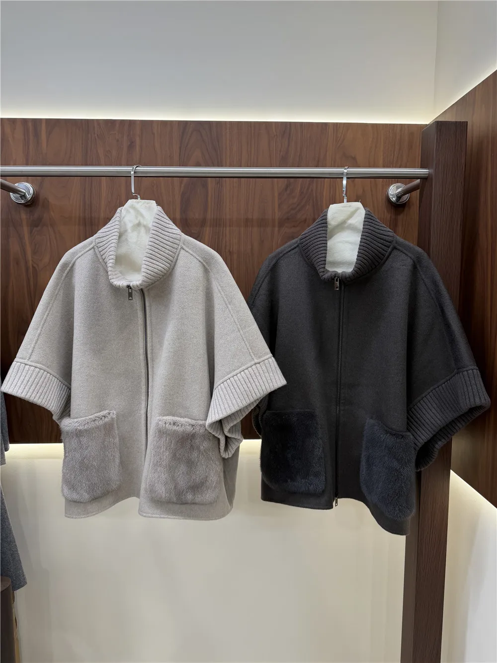 Women's Wool Cashmere Coat with Real Mink Fur Pockets Stand Collar Button down Loose Fit Winter Outerwear