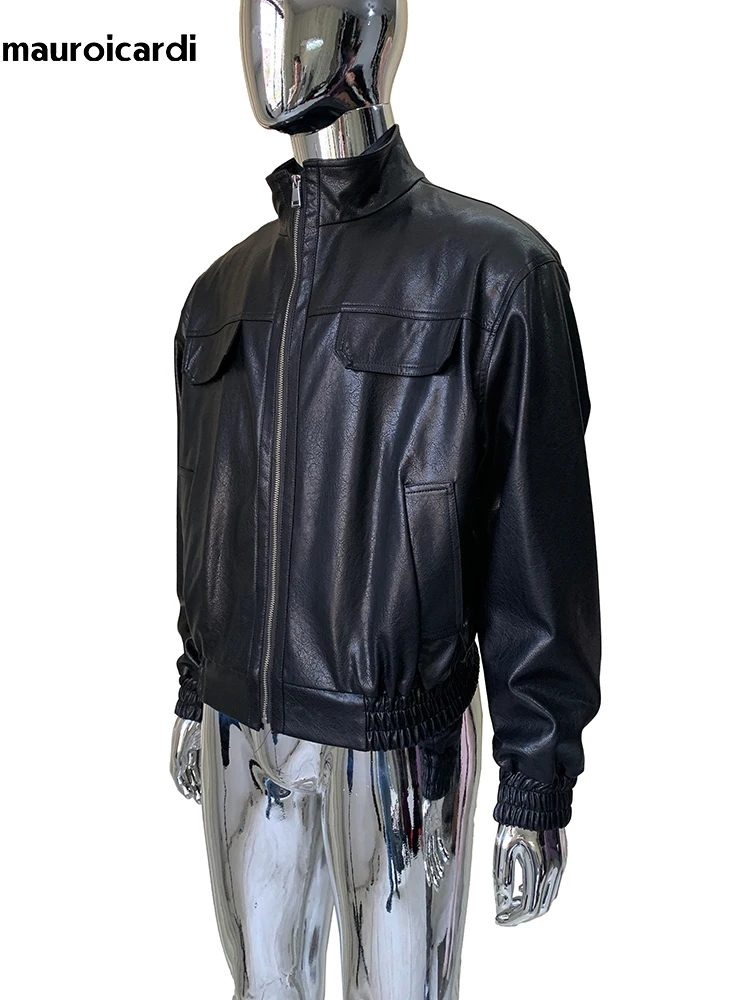 

Mauroicardi Spring Autumn Cool Short Black Pu Leather Bomber Jacket Men Stand Collar Zip Up Luxury American Retro Clothes 2025