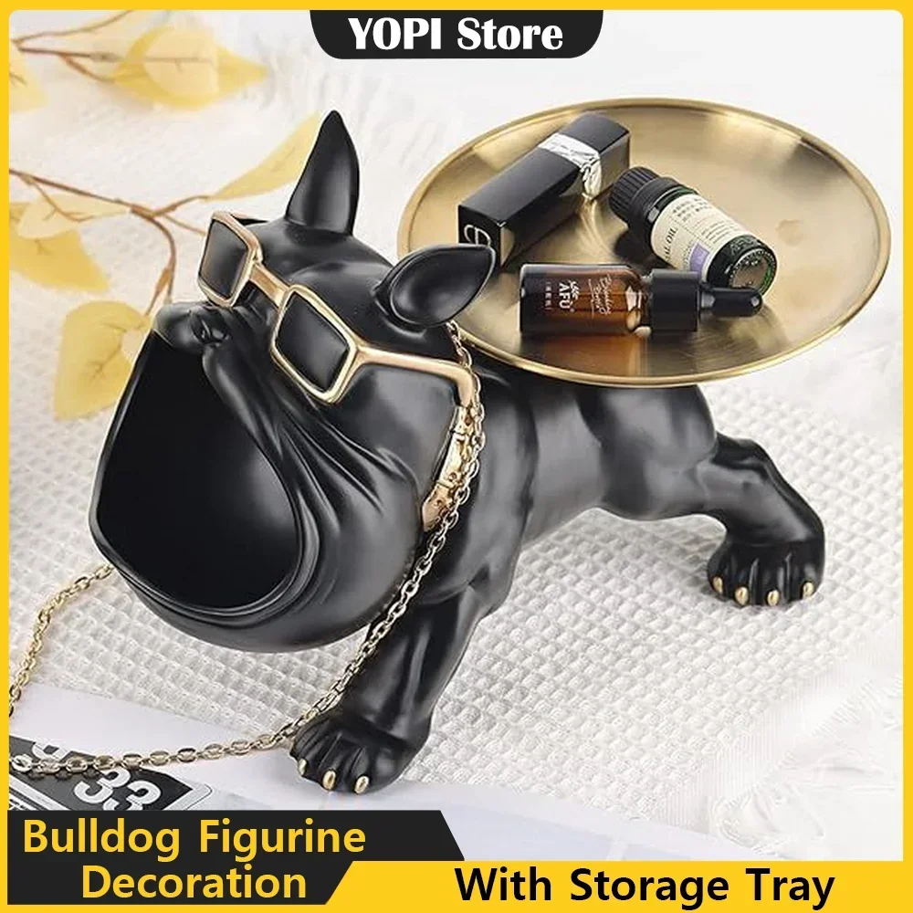 Decoración de Bulldog francés con bandeja, estatua de perro de boca grande, caja de almacenamiento, escultura de resina Animal, regalo artístico de