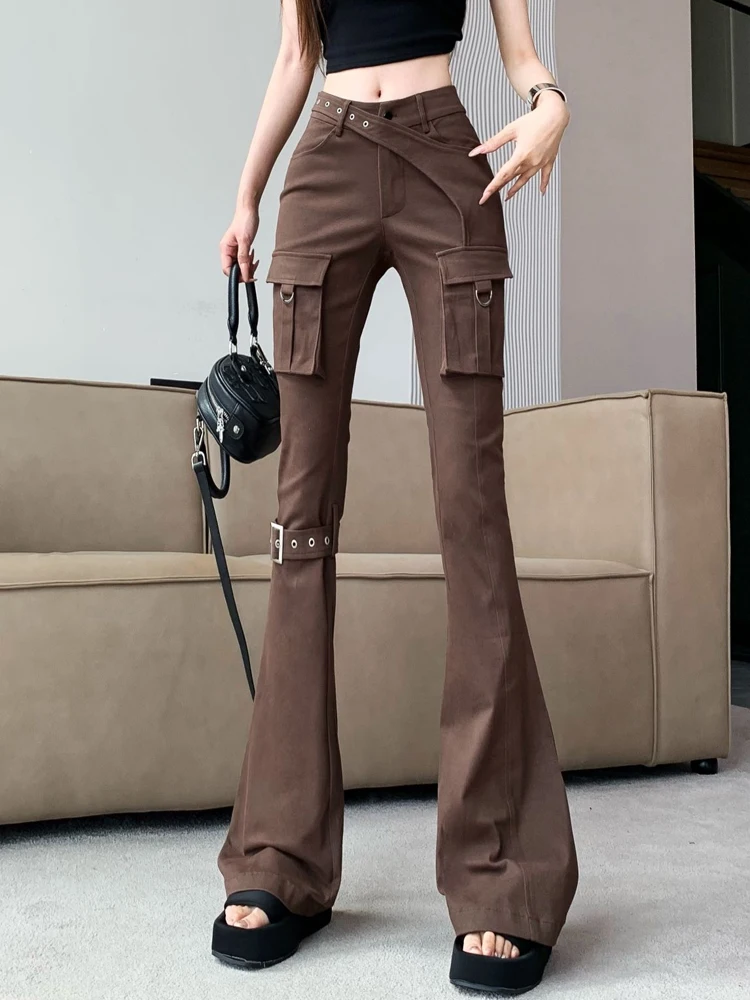 Women's Brown Pants Vintage Belt Patchwork Wide Leg Pants Casual High Waist Baggy Self Cultivation Trouser Ladies Summerr