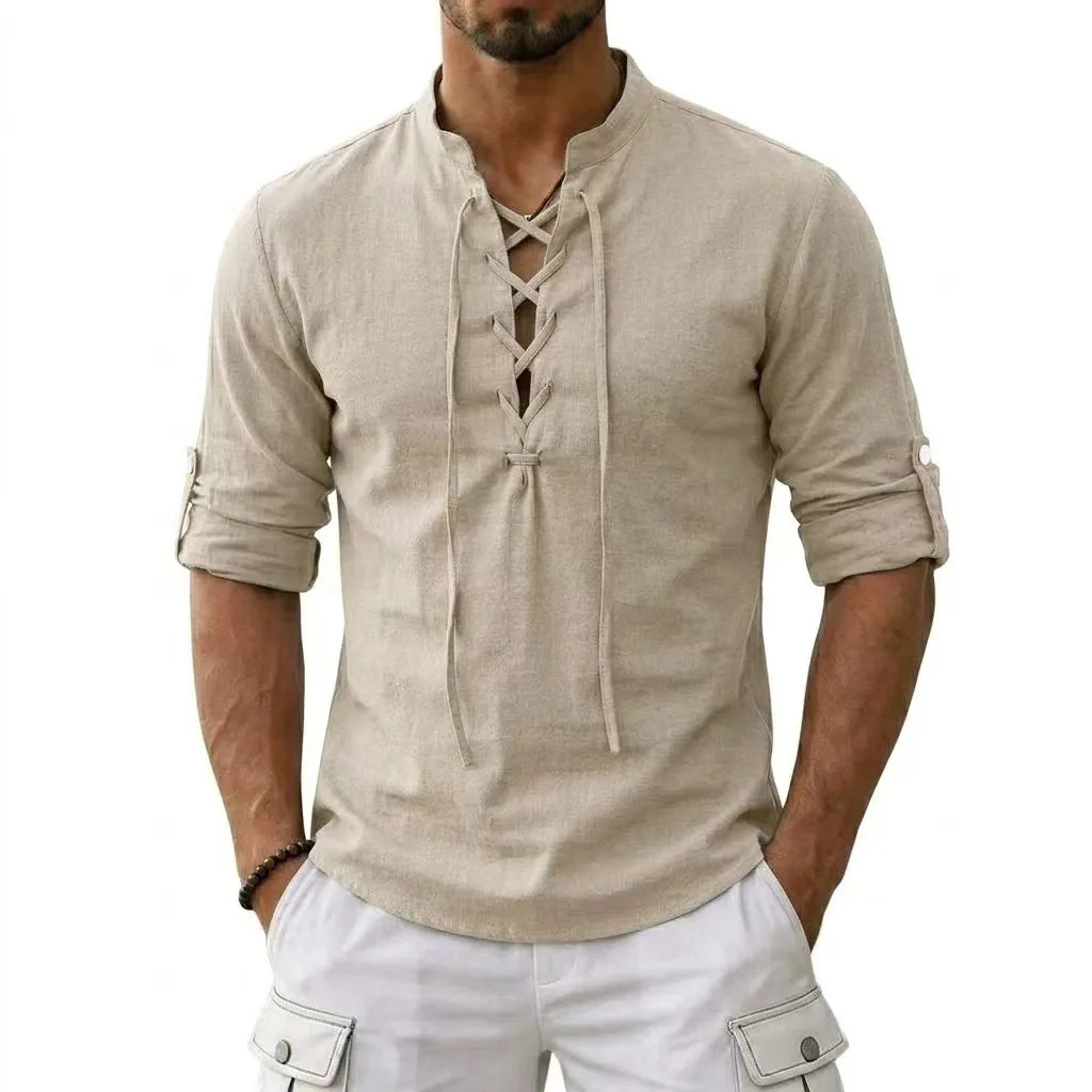 Men Stand Collar Lace‑Up Long Sleeve Shirt, Roll‑Tab Adjustable Cuffs, Vintage Medieval Renaissance Casual Pullover Blouse