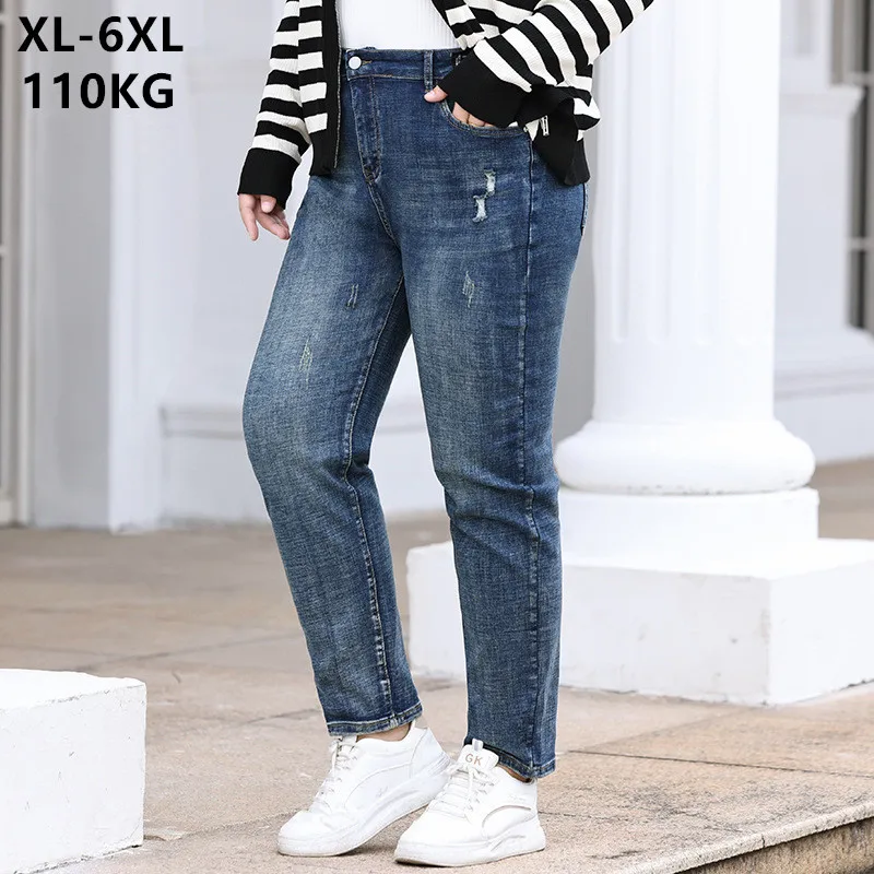 Classic Pencil Jeans Girl Loose 110KG Stretched Casual Plus Size 6XL 5XL 4XL Women Denim Trousers Elastic Female Fit Large Pants