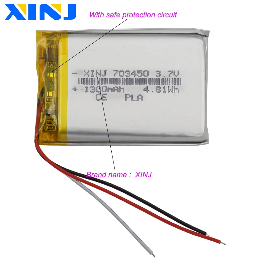 الجملة 10 قطع 3.7 فولت 1300 مللي أمبير 4.81Wh بطارية ليثيوم بوليمر 703450   ثرمستور ليثيوم أيون 3 أسلاك لكاميرا GPS Dashcamera LED
