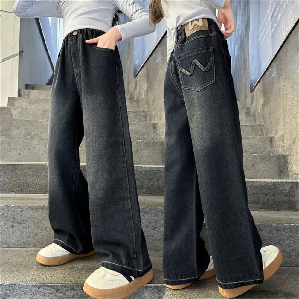 

6622 Fashionable Slim Wide Leg Pants Girls Jeans Children's Kid Jeans Youngsters Denim Straight Leg Pants