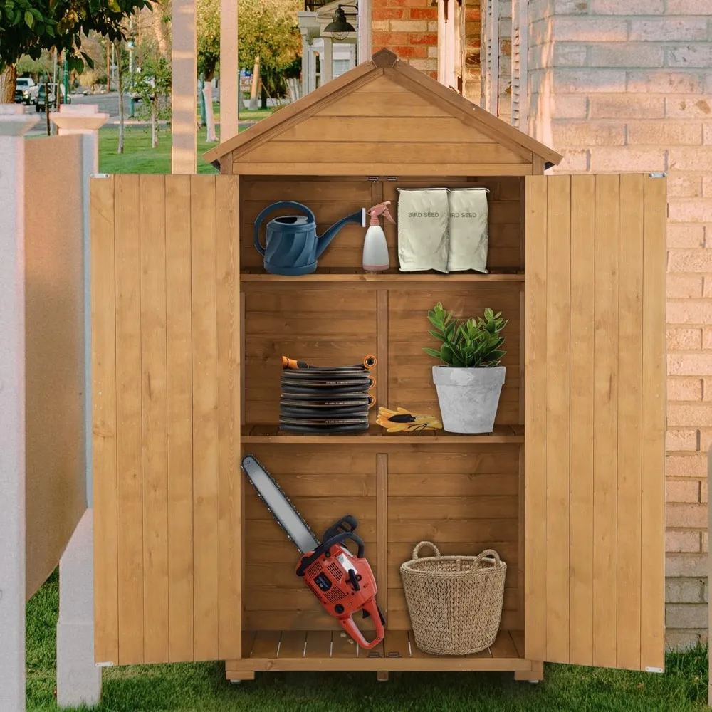 Outdoor Storage Cabinet, Garden Wood Tool Shed, Outside Wooden Shed Closet with Shelves and Latch for Yard Patio,