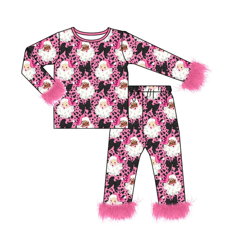 Toddler Girl Christmas 2 Piece Set Fluffy Feather Cuff Santa Leopard Bow Print Kids Nightwear