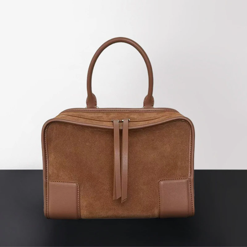 1pc New Women Nubuck Suede Cowhide Bowling Tote Bag Spliced Genuine Leather Pillow Shape Underarm Top Handle Handbag