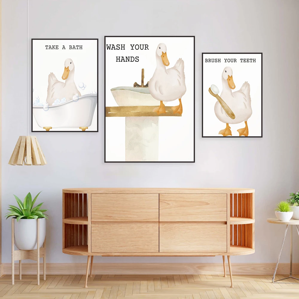 Ducklings in bathtub, ducklings taking bubble bath, kids duck bathroom wall art, duck bath art, watercolor bathroom decor poster