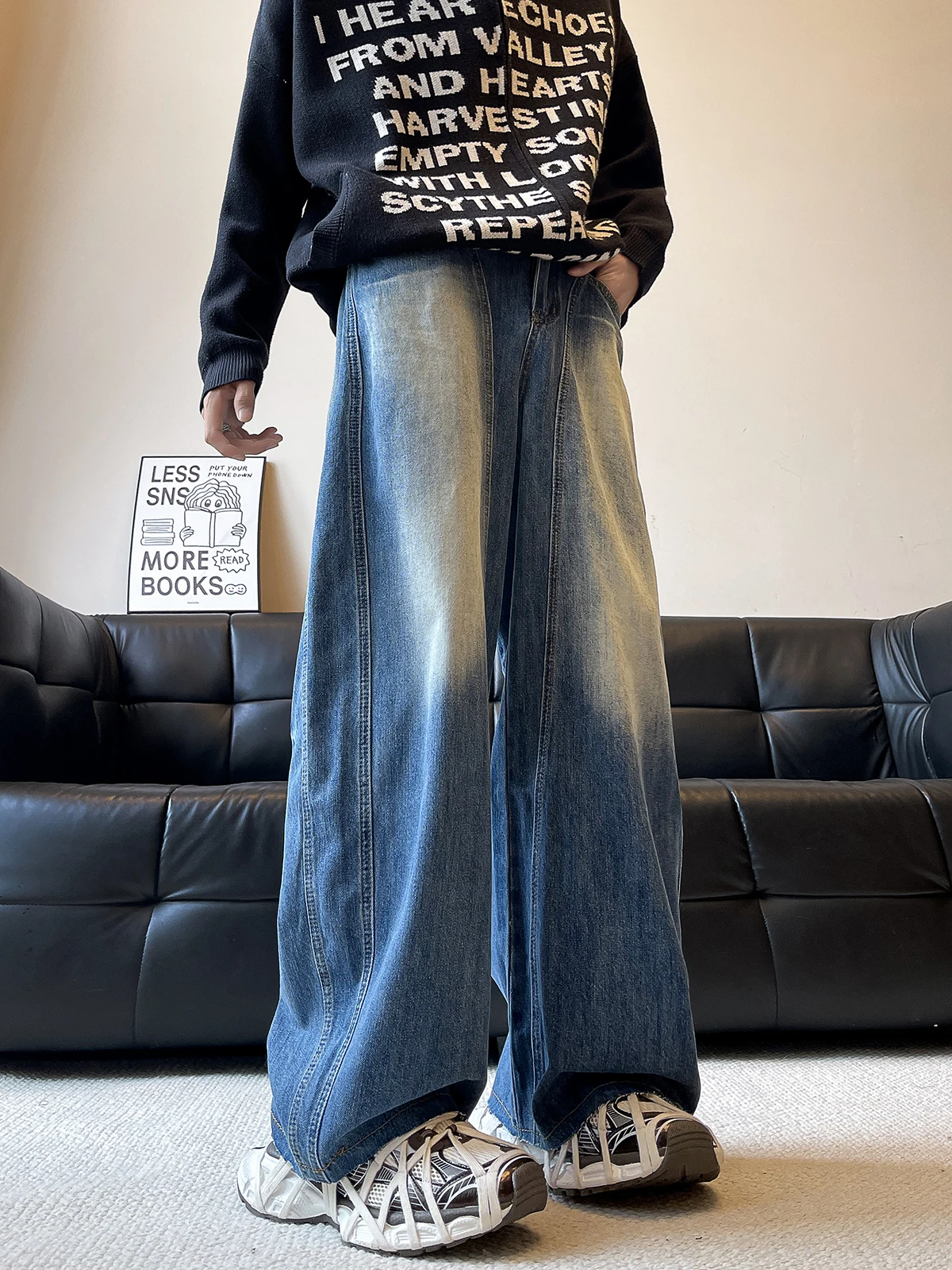 

Мужские джинсы с обычным цветным покрытием, свободные широкие длинные брюки в американском стиле, весна-осень, модный брендовый повседневный прямой крой