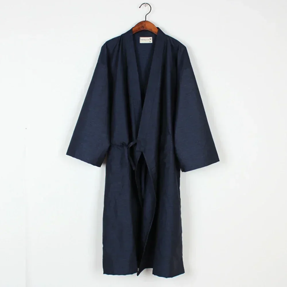 Solid Color Men's Japanese Kimono Yukata Robes Casual Long Sleeve Bathrobe Pajamas Cotton Home Robe Loungewear