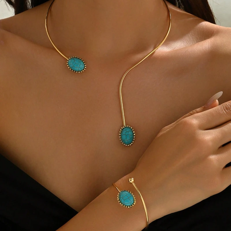 2 Pieces/set Bohemian Fashion Oval Imitation Turquoise Necklace Bracelet, Women's Personalized Trendy Holiday Accessory Gift