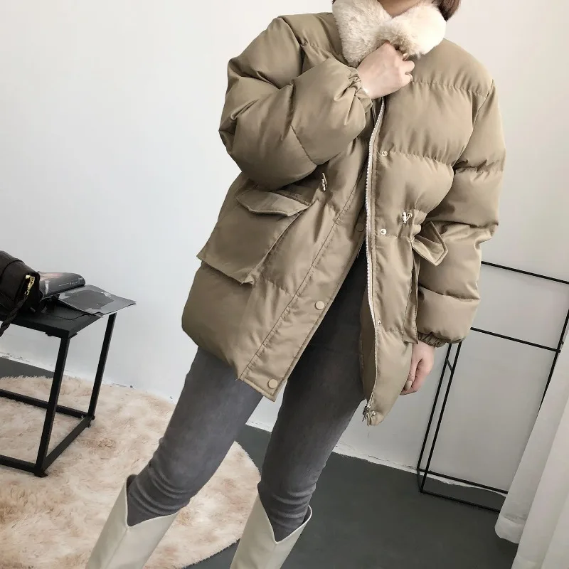 Abrigo de algodón de longitud corta para mujer, Parkas con cintura, prendas de vestir con solapa de pelo de conejo, abrigo de Cuello de piel,