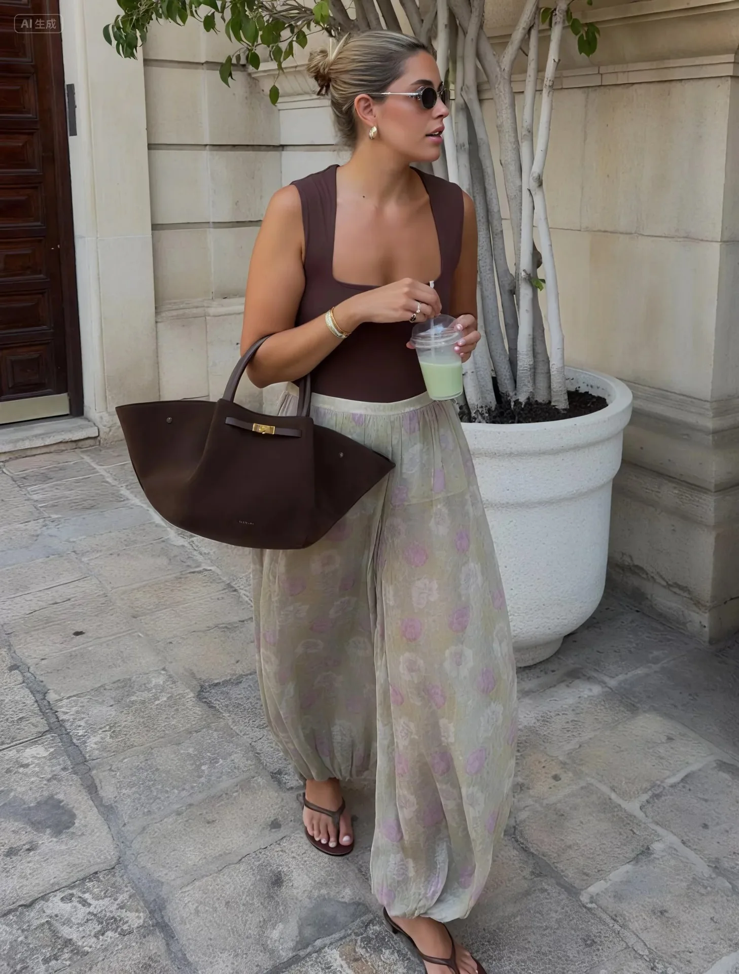 Women Floral Print See Though Wide Leg Trousers 2025 New Summer Casual Pleated Loose Bloomers Female Holiday Beach Long Pants