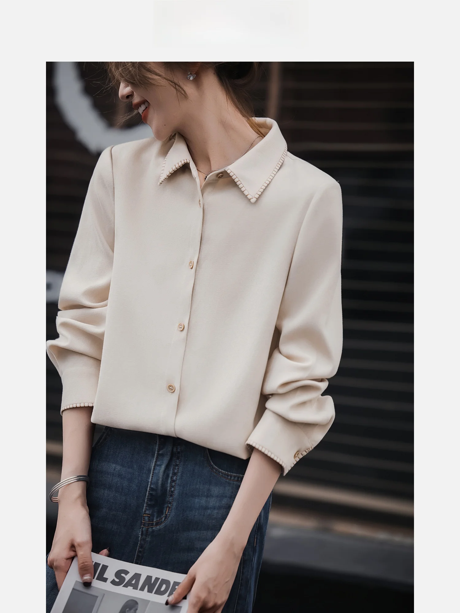 

Classic Embroidered irt Color Blo Autumn Winter Women's Faion Straight Cut Top Small Size Versatile Commute Sle