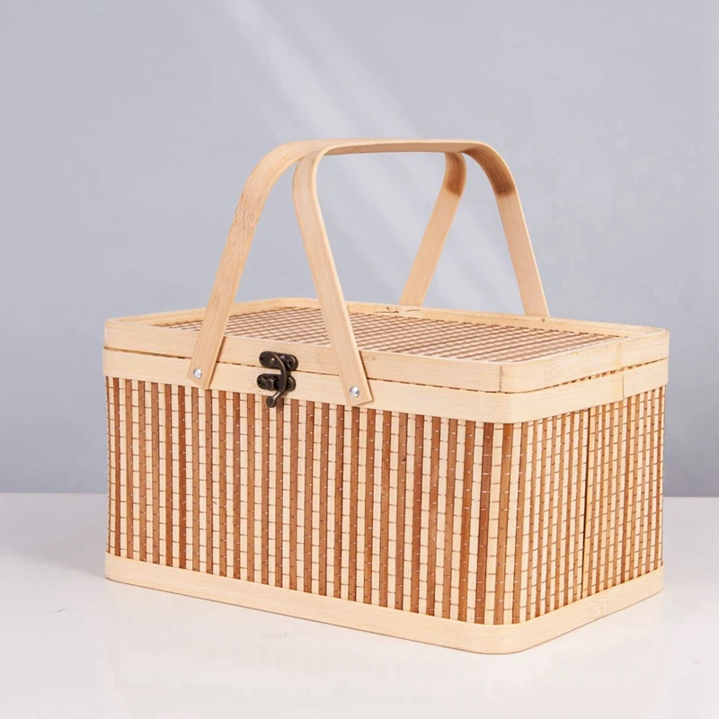 Large Bamboo Baskets Portable Picnic Baskets Fruits Natural Holder Lid Bread Zongzi Organizer