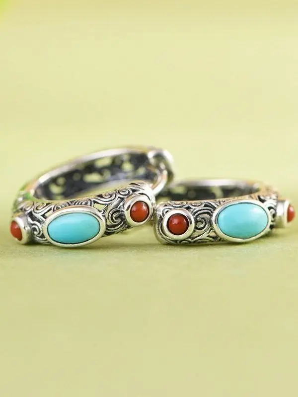Mongolian Style S925 Silver Turquoise Hollow Grass Pattern Earrings Ethnic Flair Mongolian Hoop Earrings Women's Fashion Jewelry