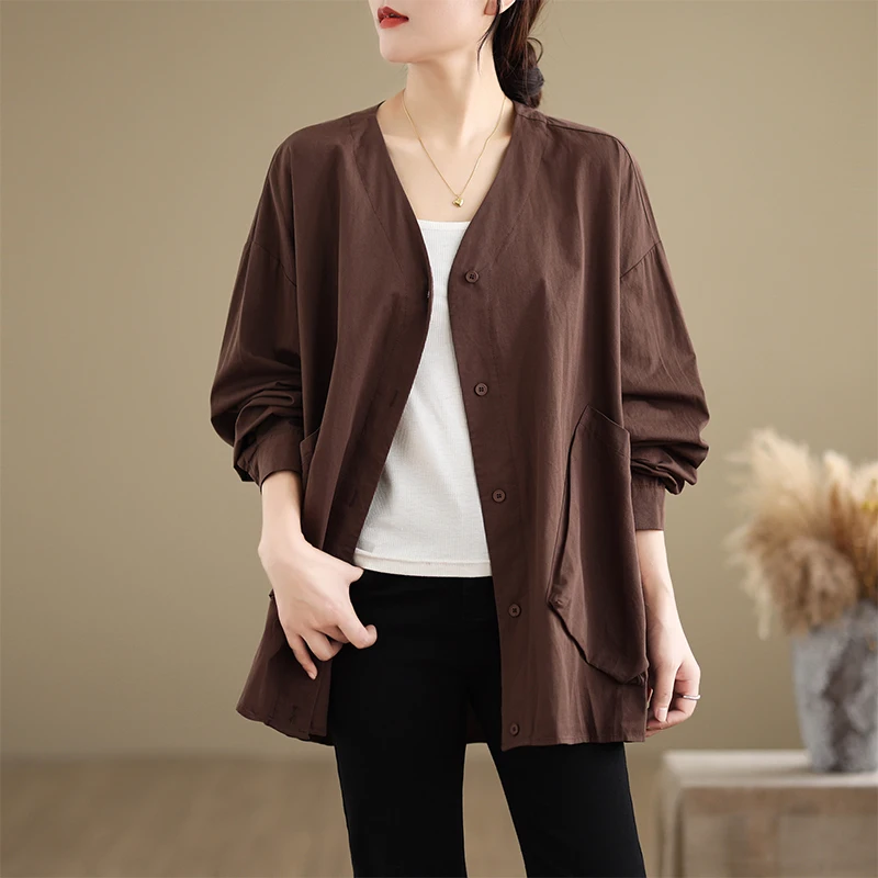 

Slim Fit Long Sve V-Ne Casual irt Outerwear Women's Color Large Size Double ket irt Cardigan for plus Size