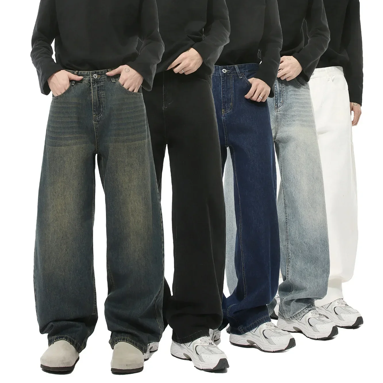 

Four Seasons Men's Casual Trendy Loose Wide Leg Washed Jeans Pants Multi Color Korean Vintage Denim Trousers Male Streetwear