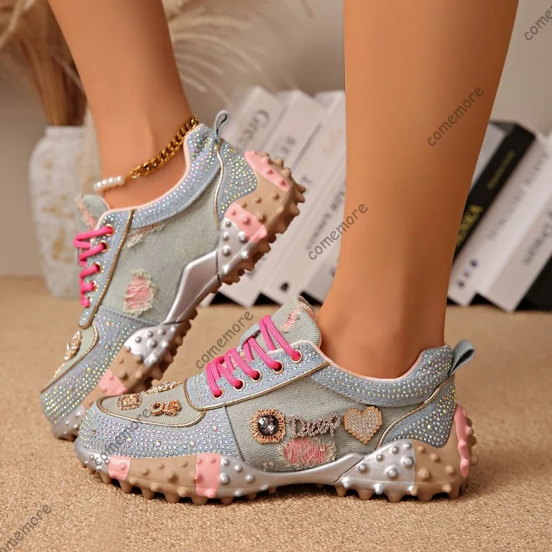 

Size 35-43 Women's Rhinestone Patchwork Chunky Sneakers Lace-Up Bling Platform Shoes for Woman Studded Casual Shoes Streetwear
