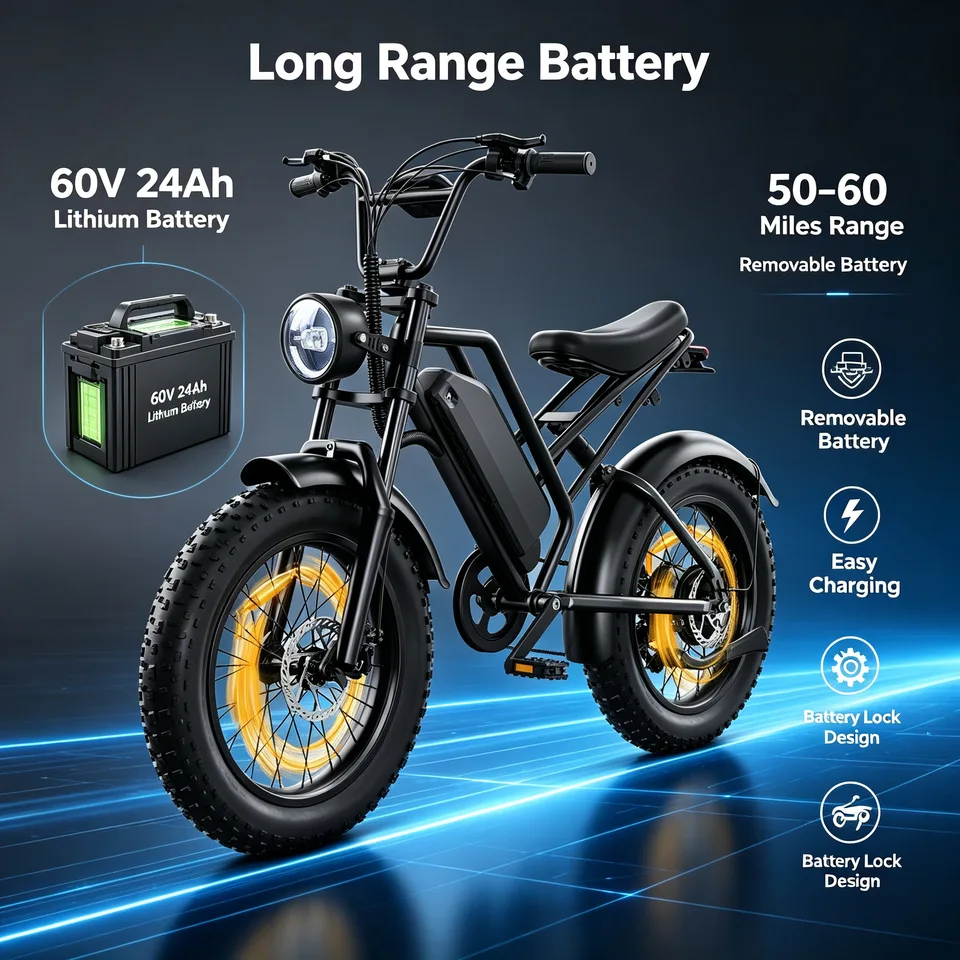 Hury G50 Adult Retro Fat Tire Electric Bike,Peak 1500W Brushless Hub Motor,48V 18Ah UL‑Certified Removable Lithium Battery,32MPH Top Speed,68 Miles PAS Long Range,7‑Speed Shifter,IPX4 Splash‑Proof E‑Bike For Commuter & Off‑Road Trail Riding image 3
